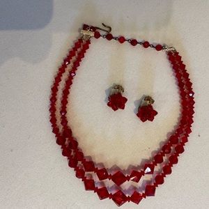Vintage red glass necklace and clip earrings